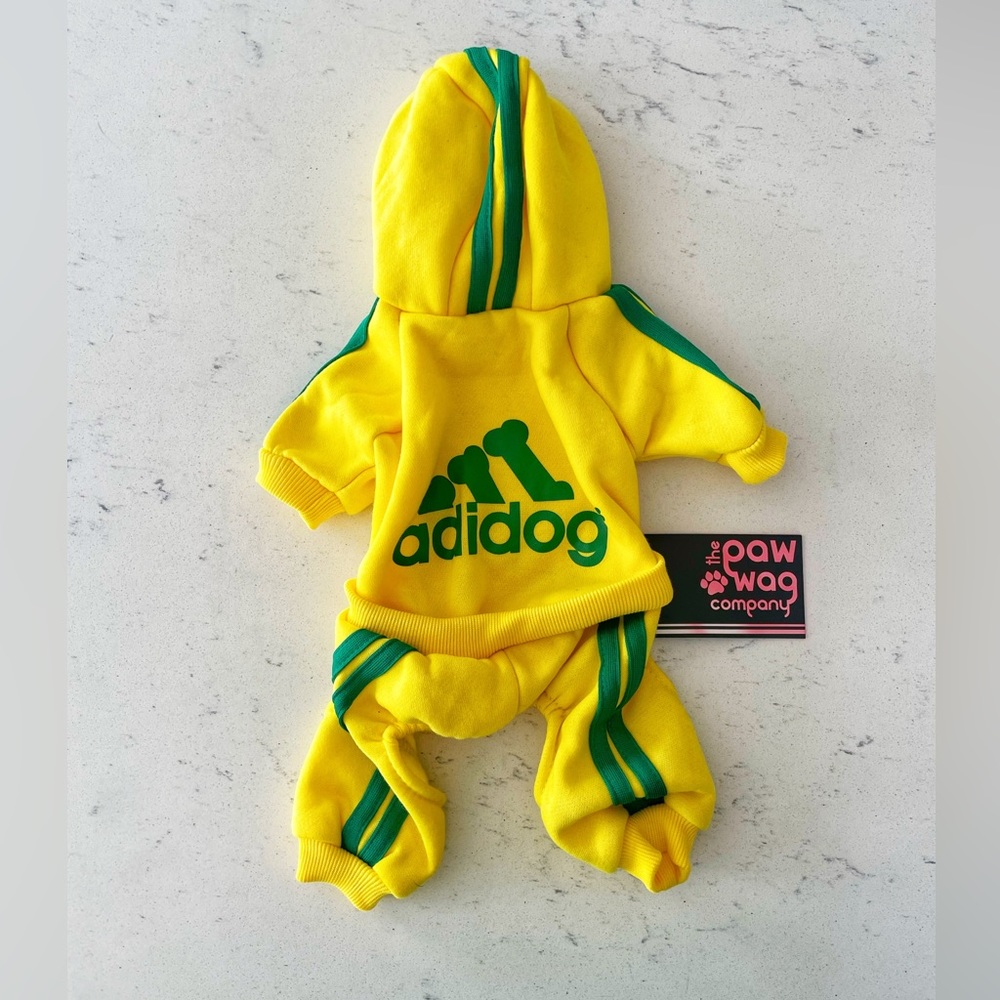 The Paw Wag Company Adidog Adidas Dog Tracksuit Yellow & Green NWT
